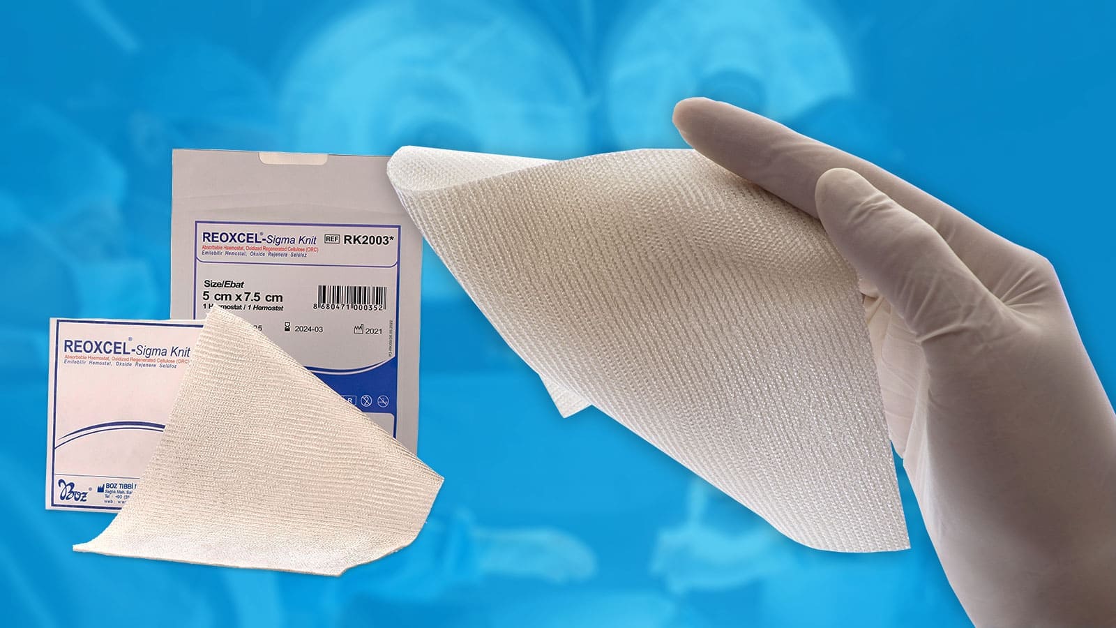 Reoxcel Sigma Knit haemostat with plain texture and thick knitting can be laid, pressed or sutured on bleeding surfaces.