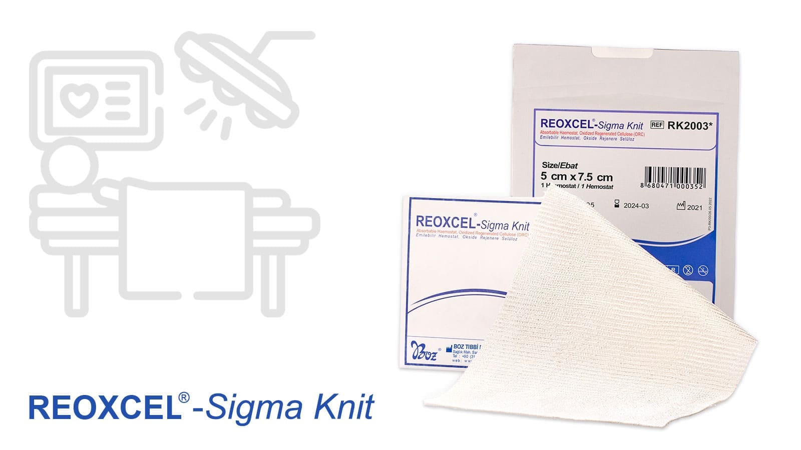 Reoxcel Sigma Knit absorbable and sterile haemostat with plain texture and thick knitting can be laid, pressed or sutured on bleeding surfaces.